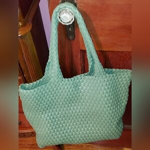 Elegant Woven Vegan Leather Tote in Sage Green & Pouch
